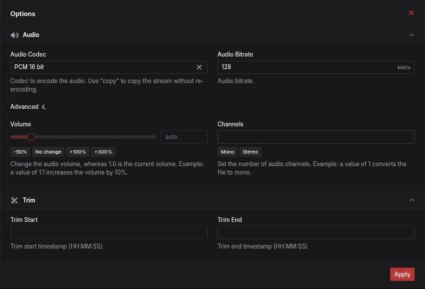 CloudConvert Options dialog showing Audio Codec PCM 16 bit and the Advanced Channels setting