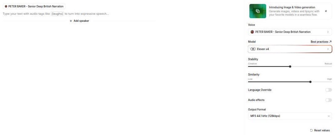 ElevenLabs Text to Speech page with the Peter Baker voice selected and MP3 44.1 kHz output format