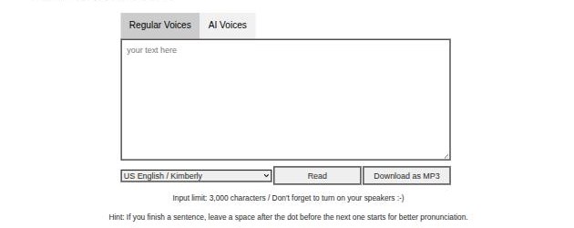 TTSMP3 text box, voice selector and Download as MP3 button