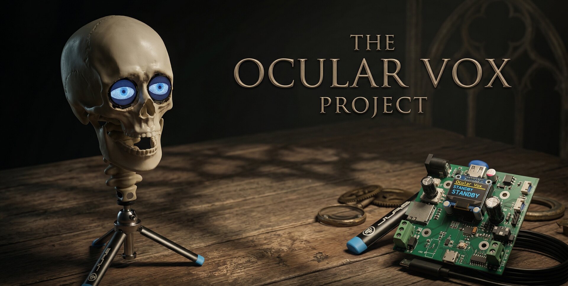 The Ocular Vox Project - Animatronic skull with glowing blue eyes next to the controller board