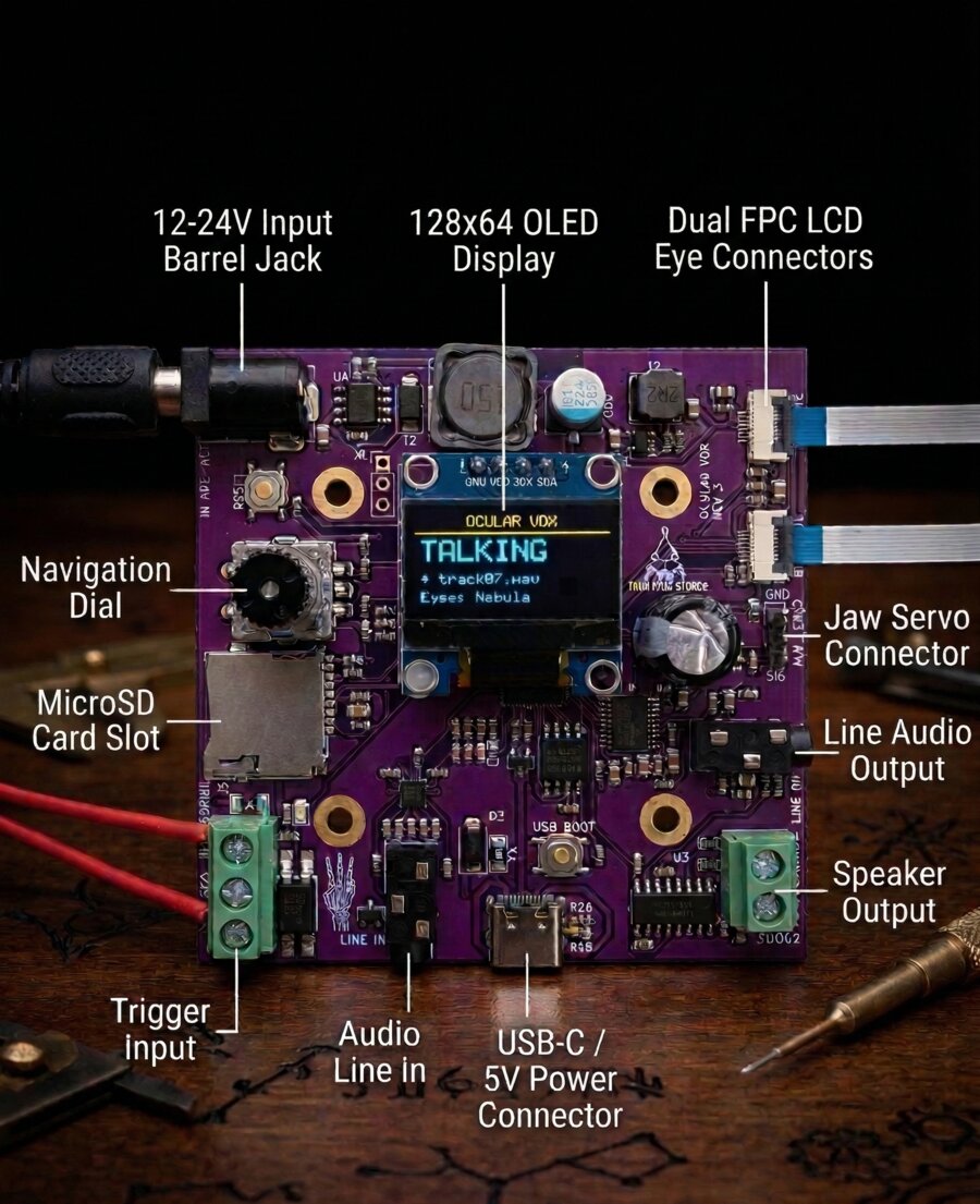Ocular Vox PCB controller board with labeled components