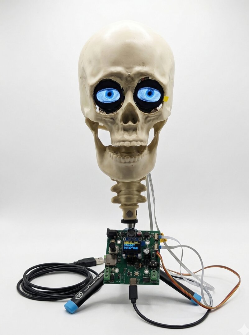 Ocular Vox skull on stand with glowing blue LCD eyes
