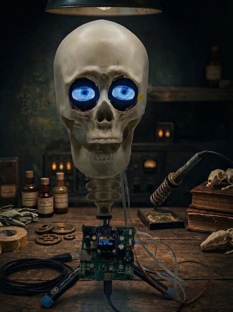 Ocular Vox skull with glowing blue LCD eyes on workbench