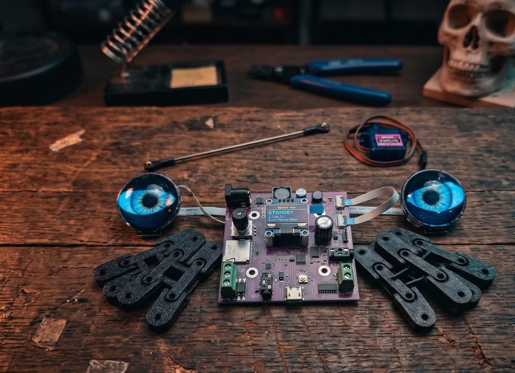 Ocular Vox kit components spread out on a workbench — controller board, LCD eyes, mounting brackets, servo, and linkage hardware